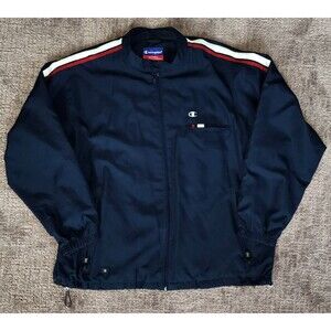 Vintage Champion Full Zip XL Jacket Dark Blue Red & White Stripes